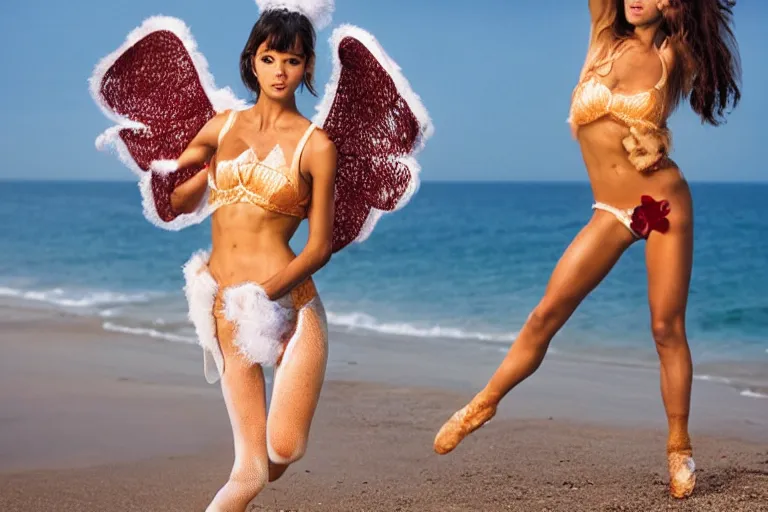 Image similar to athletic girl in a lacy pikachu costume, sweat, oiled up glossy skin, athletic abs, stockings, angelic light, burlesque lying on the beach, photo by Annie Liebovitz