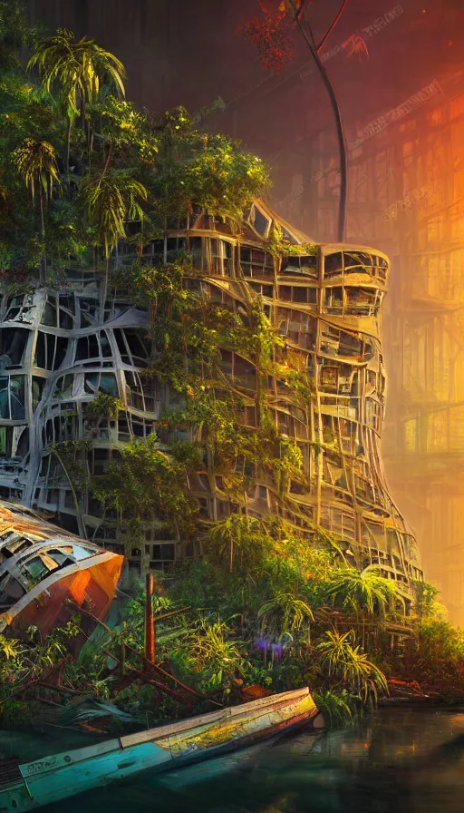 Image similar to a beautiful photorealistic painting of shipwreck nature urbex architecture city industrial architecture by frank gehry, sea reclaimed by nature rainforest flowers lightpaint tron nightvision synthwave morning sun sunlight nightsky uv light magic realism at night laser, archdaily, wallpaper, highly detailed, trending on artstation.