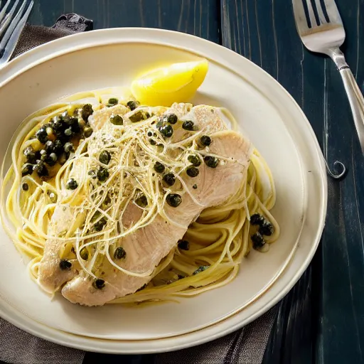 Prompt: photograph of Chicken Piccata with angel hair noodles, lemons, creamy sauce and capers from Cheesecake Factory