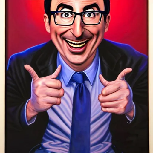 Prompt: Facial portrait. John Oliver, looking at the camera, laughing like a maniac. dramatic background, dramatic illumination. extremely detailed painting on canvas. by Greg Capullo and by Henry Moebius and by John Romita Jr. Shown in a newspaper.