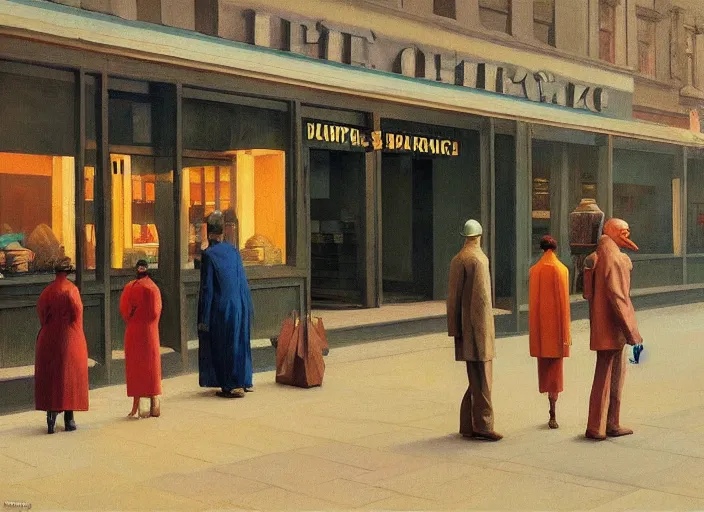Image similar to people wearing paper bags inside paper bags at store display Edward Hopper and James Gilleard, Zdzislaw Beksinski, highly detailed