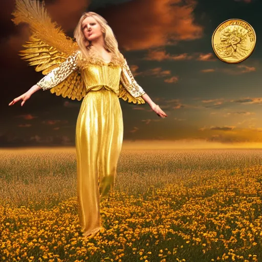 Image similar to fractal landscape golden clouds field of us coins beatific blonde woman with wings high detail 8 k