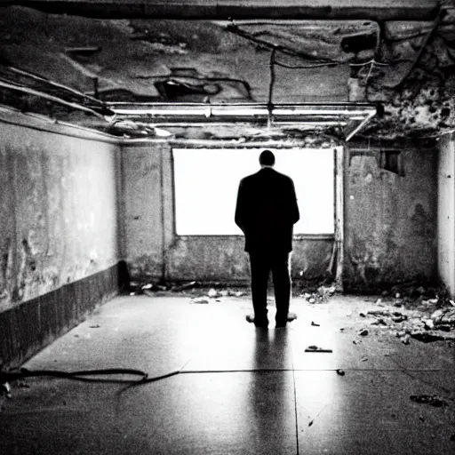 Image similar to two men in black, looking at a black hole in the dark grimy grungy basement of an abandoned apartment block, wires, cables, grainy black and white photography, 5 0 mm lens