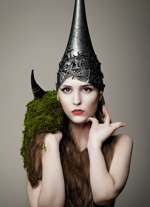 Image similar to a photo of a female model, orgnic headpiece, vines, horn, moss, fashion photography, realistic, hyperdetails, dark grey backdrop studio