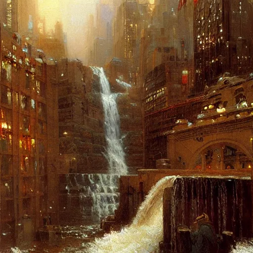 Image similar to waterfall flooding the city of new york. highly detailed painting by gaston bussiere, craig mullins, j. c. leyendecker