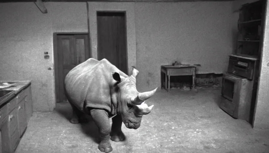 Image similar to a rhinoceros in a burning stalinist style kitchen, mini dv camera found footage, very very low quality picture, heavy grain, caught on security camera, heavy jpeg artifact, night vision very blurry, caught on trail cam, 1 4 4 p, ultra wide lens