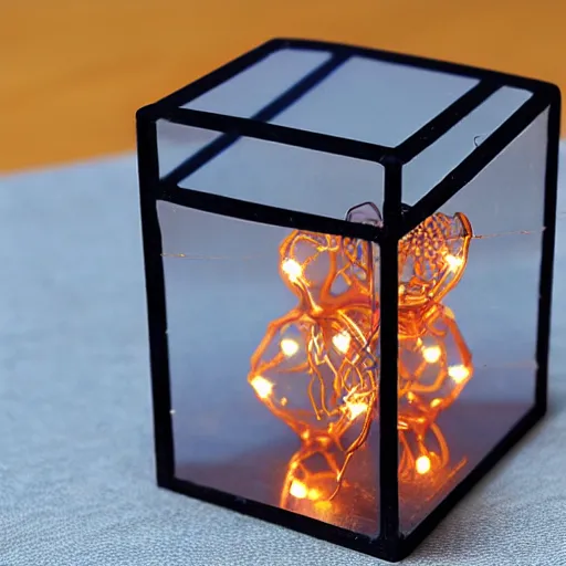 Prompt: a transparent cube containing copper coils and small lights