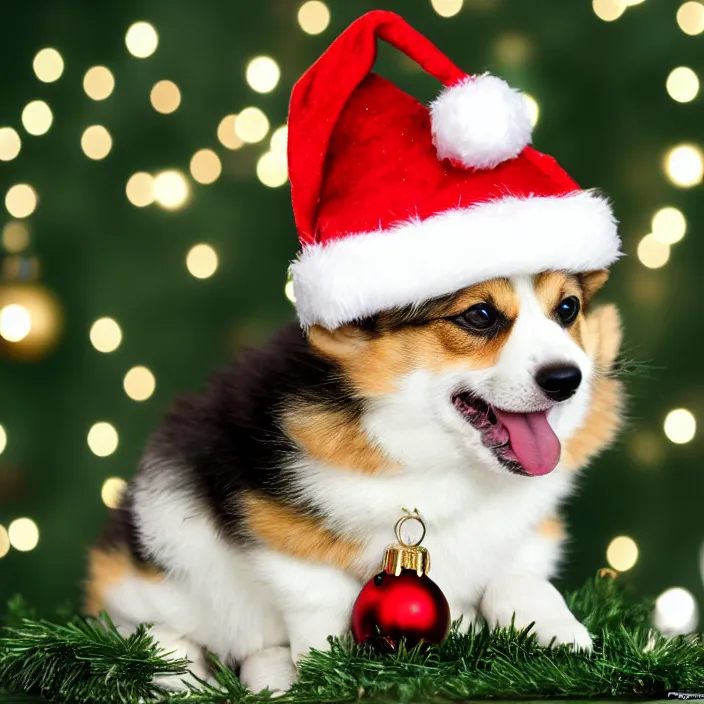 Prompt: cute corgi puppy dog wearing a christmas hat by koson ohara with a transparent background