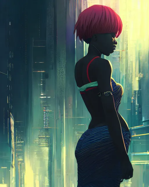 Image similar to kyoto animation, cool african lady wearing cyberpunk intricate warcore, beautiful, detailed portrait, cell shaded, 4 k, concept art, by wlop, ilya kuvshinov, artgerm, krenz cushart, greg rutkowski, pixiv. cinematic dramatic atmosphere, sharp focus, volumetric lighting, cinematic lighting, studio quality