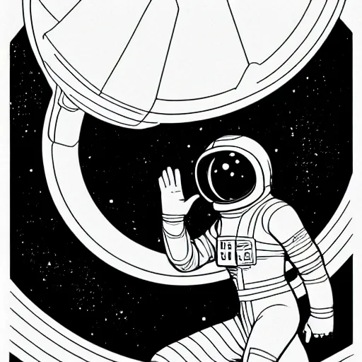 Image similar to clean simple line art of a woman floating in space. she is an astronaut, wearing a space suit. white background. well composed, clean black and white line drawing, beautiful detailed face. illustration by josan gonzalez and steve ditko and greg rutkowski