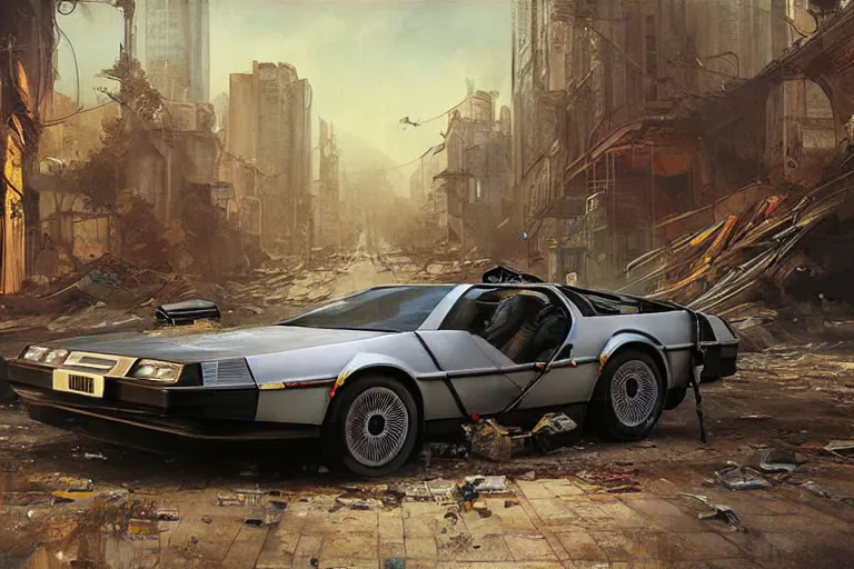 Image similar to photograph of the delorean driving down the streets of a cyberpunk abandoned city, by greg rutkowski, by stanley artgerm, by alphonse mucha