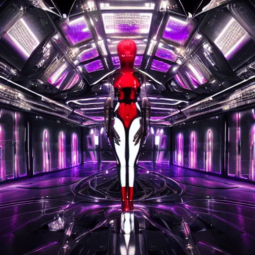 Prompt: ultra realist soft painting render of the inside of a futuristic nightclub, beautiful cyberwear armored cyborg dancer, symmetry accurate features, very intricate details, black white red purple color palette, masterpiece award winning, cinematic lighting, focus, tom bagshaw artstyle