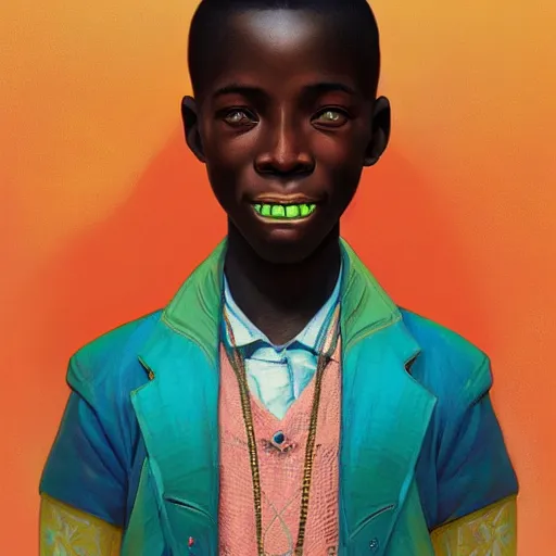 Image similar to colourful upper half portrait of an african boy with sliver teeth grillz, art by hsiao - ron cheng & alphonse mucha, highly detailed, digital painting, ray tracing, concept art, illustration, smooth sharp focus, intricate, symmetry, artstation,