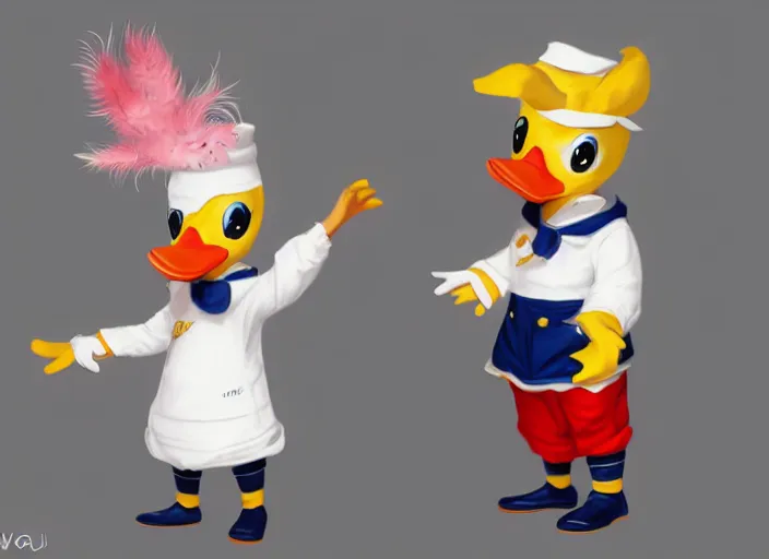 Image similar to detailed concept art of a cute iconic anthropomorphic duck character wearing a sailor suit by wlop on bcy. net, realistic. feathers, art by cheng yi. artstationhd