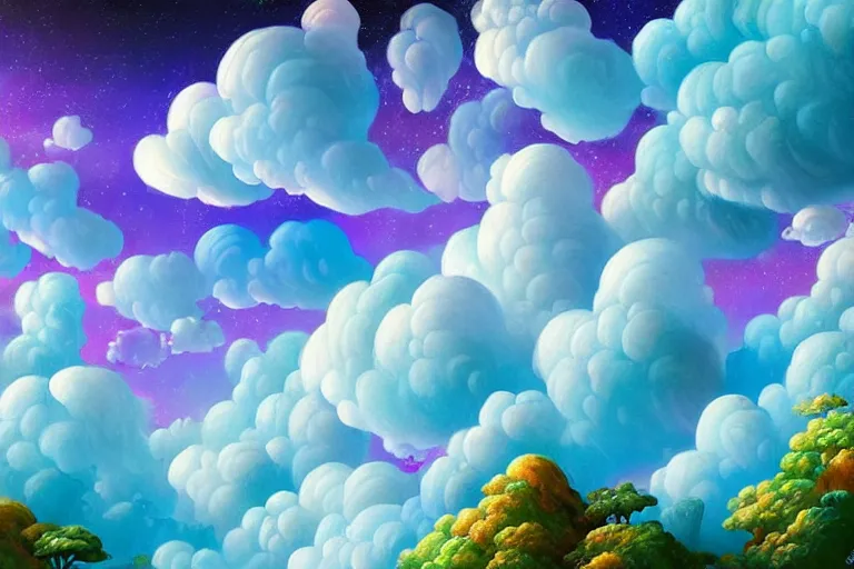 Image similar to a huge flock of many smooth puffy marvelous clouds. whirling ultra detailed gemstone crystals, art nouveau jungle environment, playful, award winning art, epic dreamlike fantasy landscape, ultra realistic,