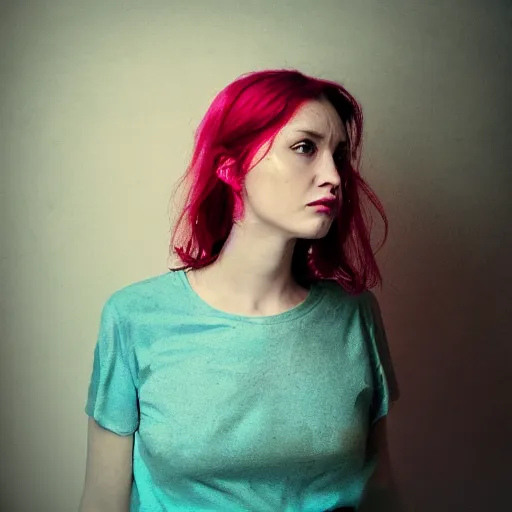 Prompt: photo of a woman. cyan and pink. moody and melanchonic.