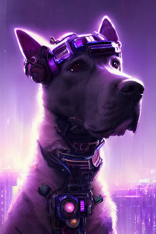 Prompt: a beautiful portrait of a cute cyberpunk dog by greg rutkowski and wlop, purple blue color scheme, digital art, highly detailed, fine detail, intricate, ornate, complex