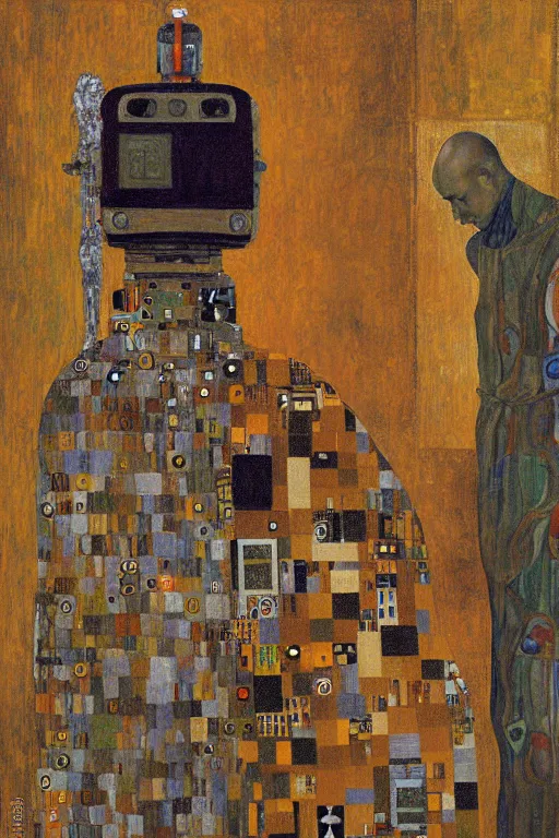 Prompt: robot monk painting a self - portrait on a canvas. intricate, highly detailed, photorealistic, film still, by gustav klimt.