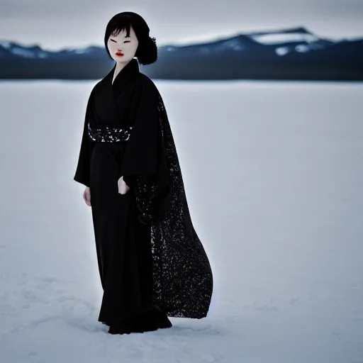 Image similar to portrait photograph of an elegant ginger Asian woman wearing a black kimono in the Arctic. super resolution. 85 mm f1.8 lens.bokeh.graflex. Alessio albi