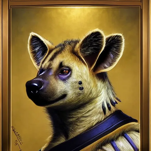 Image similar to a portrait of a hyena hyenaman canine star trek in a starfleet uniform chief engineer. zootopia fursona furaffinity furry art detailed face highly detailed painting by gaston bussiere craig mullins jc leyendecker gustav klimt artgerm greg rutkowski furry