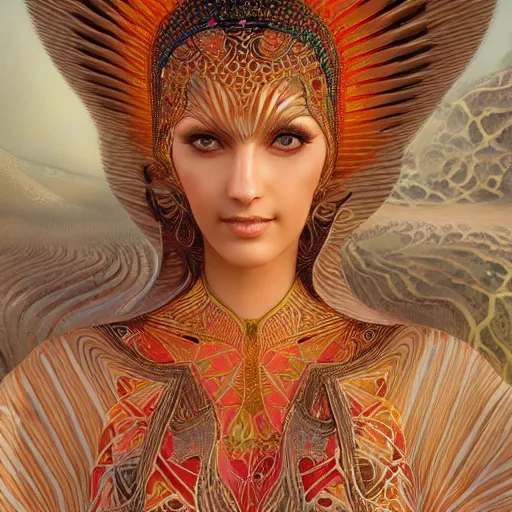 Image similar to a beautiful woman wearing algerian kaftan full body by alex gray and android jones , Karol Bak, Ayami Kojima, Amano , concept art, character design, fantasy,3D, 8k resolution