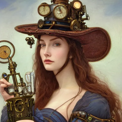 Image similar to Masterpiece head and shoulders portrait of Caitlyn from League of Legends of Arcane animated Series with blue long hair and cylinder hat with Steampunk armor drawn by Donato Giancola and Tom Bagshaw, Edmund Leighton, Alphonse Mucha, background by James Jean and Gustav Klimt, 4k, porcelain skin, volumetric lighting, komorebi, french nouveau, trending on artstation, octane render, hyperrealistic