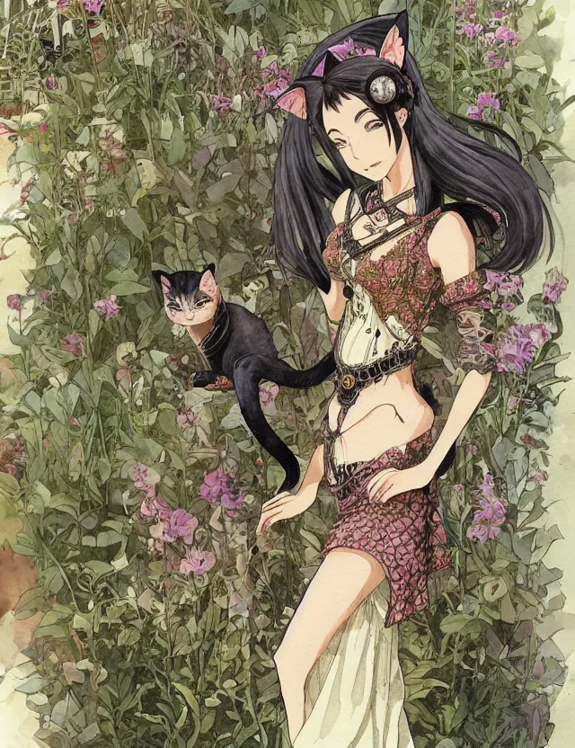 Prompt: central asian woman with cat ears, wearing a lovely dress in a steampunk garden. this watercolor painting by the award - winning mangaka has impeccable lighting, an interesting color scheme and intricate details.