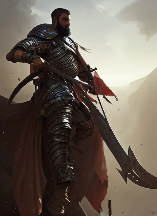 Prompt: epic arabic war commander with mechanical sword and shield highly detailed, digital painting, concept art, smooth, sharp focus, illustration, art by greg rutkowski