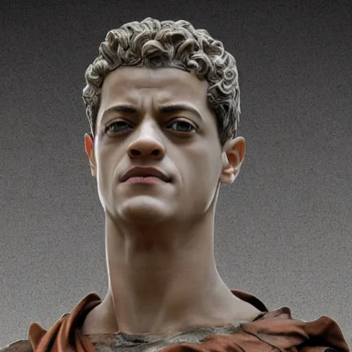 Image similar to rami malek as statue of ancient roman emperor, created by michelangelo, museum photoshot, 3 d photorealistic render, high resolution, 8 k