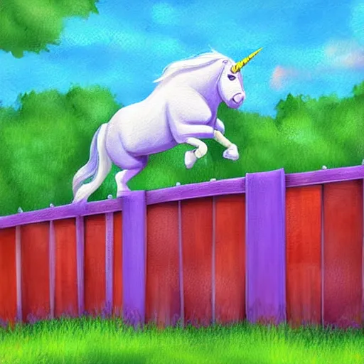 Image similar to an overweight unicorn hopping over a fence, digital painting