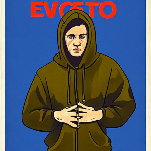 Image similar to Soviet era propaganda poster of Elliot Alderson in hoodie from television show Mr Robot (2015)