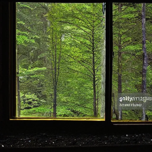 Image similar to View out of 4 picture windows into a dark forest, lit by flood lights at night