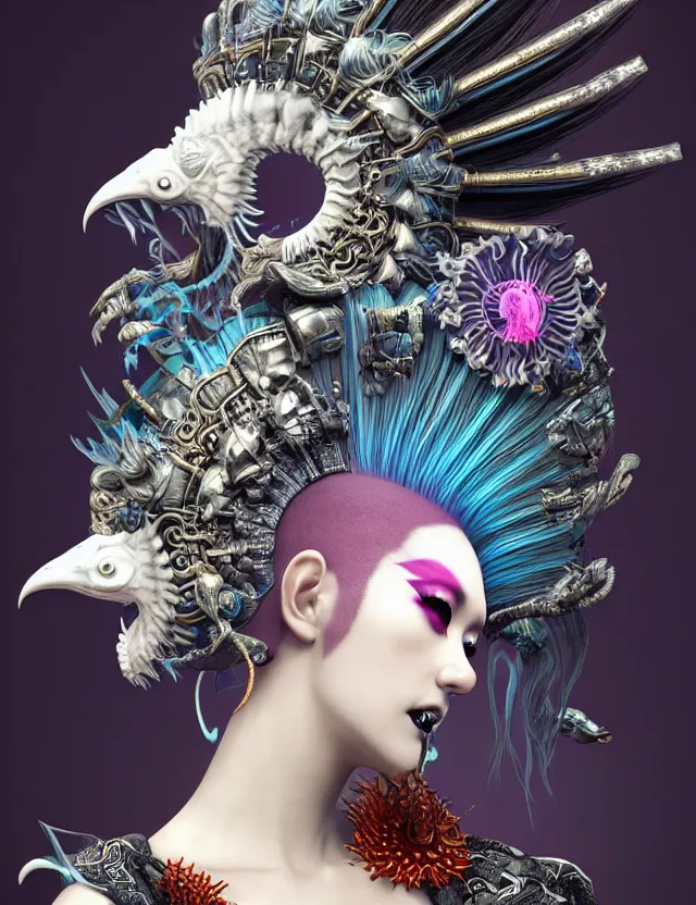 Image similar to 3 d goddess close - up profile portrait punk with mohawk with ram skull. beautiful intricately detailed japanese crow kitsune mask and clasical japanese kimono. betta fish, jellyfish phoenix, bio luminescent, plasma, ice, water, wind, creature, artwork by tooth wu and wlop and beeple and greg rutkowski