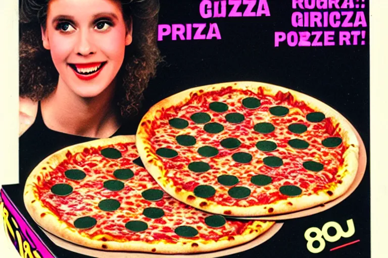 Prompt: 80s, rgb, pizza, advertisement