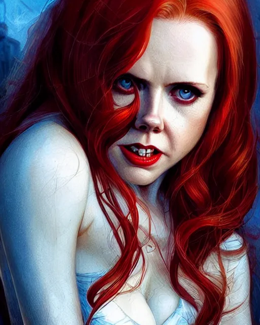 Prompt: style of marc simonetti : : gorgeous vampire amy adams : : sharp teeth fangs, open mouth sneer : : symmetrical face, symmetrical eyes : : gorgeous red hair : : magic lighting, low spacial lighting : :