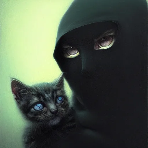 Image similar to a portrait of a kitten wearing a black hood, cloak covering face, anatomically correct, beautiful perfect face, enigmatic, oil painting, matte, black background, Volumetric dynamic lighting, Highly Detailed, Cinematic Lighting, Unreal Engine, 8k, HD, by Beksinski