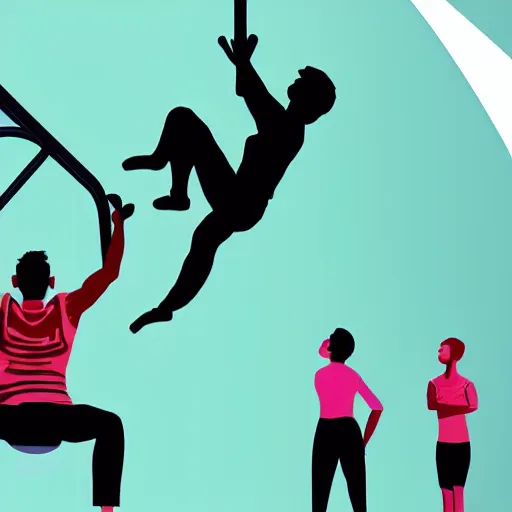 Image similar to a man is sitting in an airplane, watching his friends enjoy bouldering in a gym. award - winning digital artwork