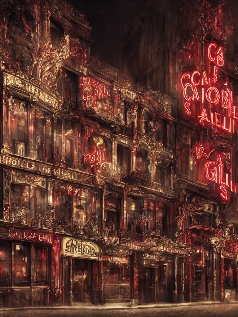 Prompt: photorealistic exterior of cabaret hell, dark - themed parisian nightclub of the belle epoque, very fine detail, 8 k rendering