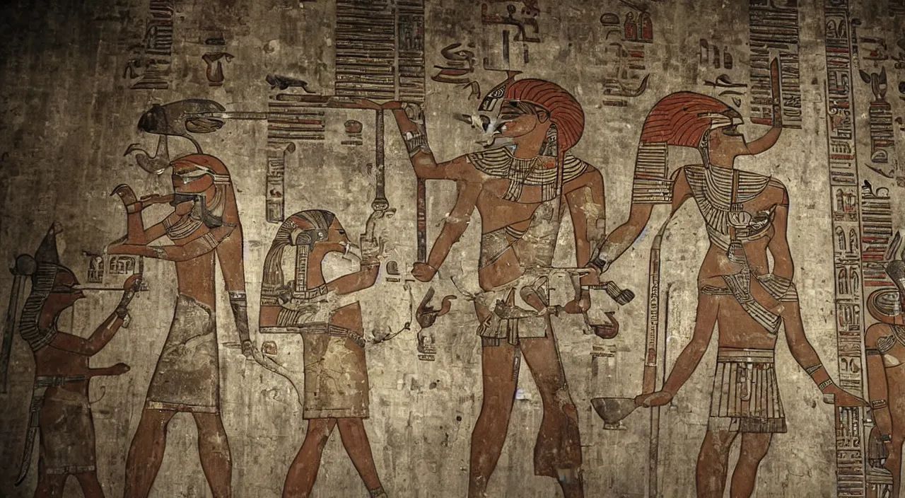 Image similar to mario as egyptian animal gods looking for wifi, ancient egyptian murals.