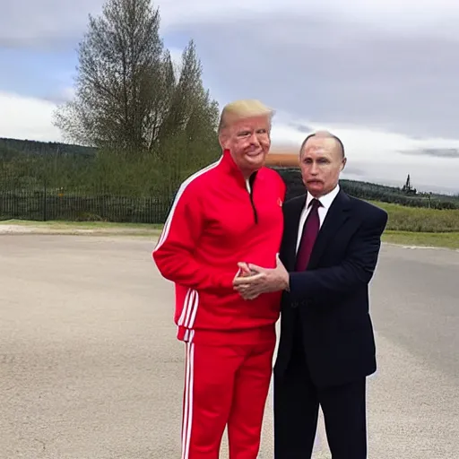 Image similar to donald trump posing in a red addidas track suit next to vladimir putin