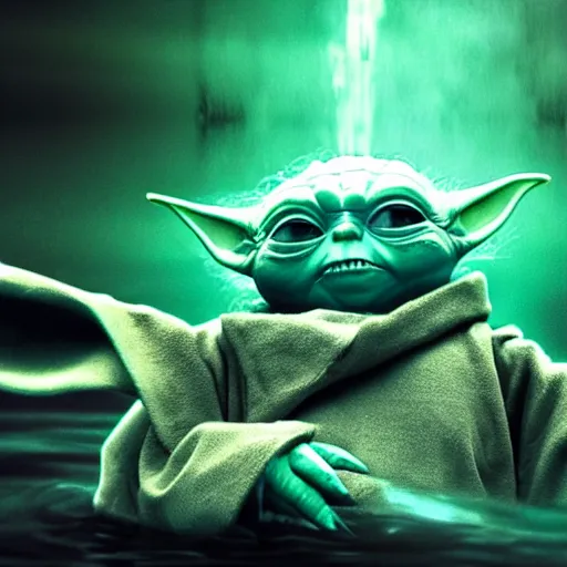 Image similar to stunning awe inspiring yoda swimming under water towards a dollar bill, movie still 8 k hdr atmospheric lighting