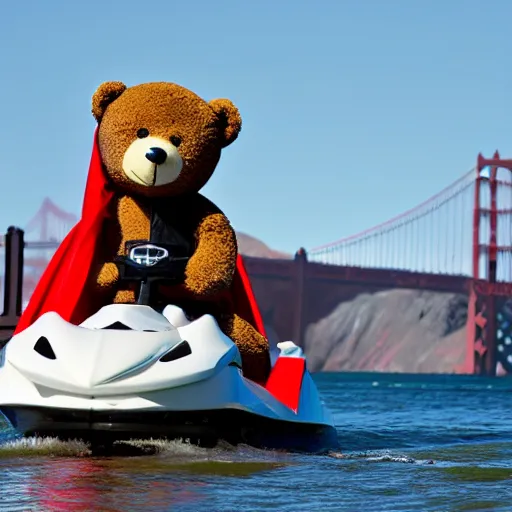 Prompt: A teddy bear wearing a motorcycle helmet and cape is driving a speed boat near the Golden Gate Bridge . dslr photo.