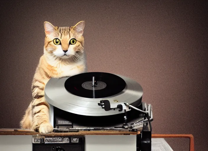 Prompt: photography of a Cat sitting on a record player. in a room full of posters, photorealistic, raining award winning photo, 100mm, sharp, high res