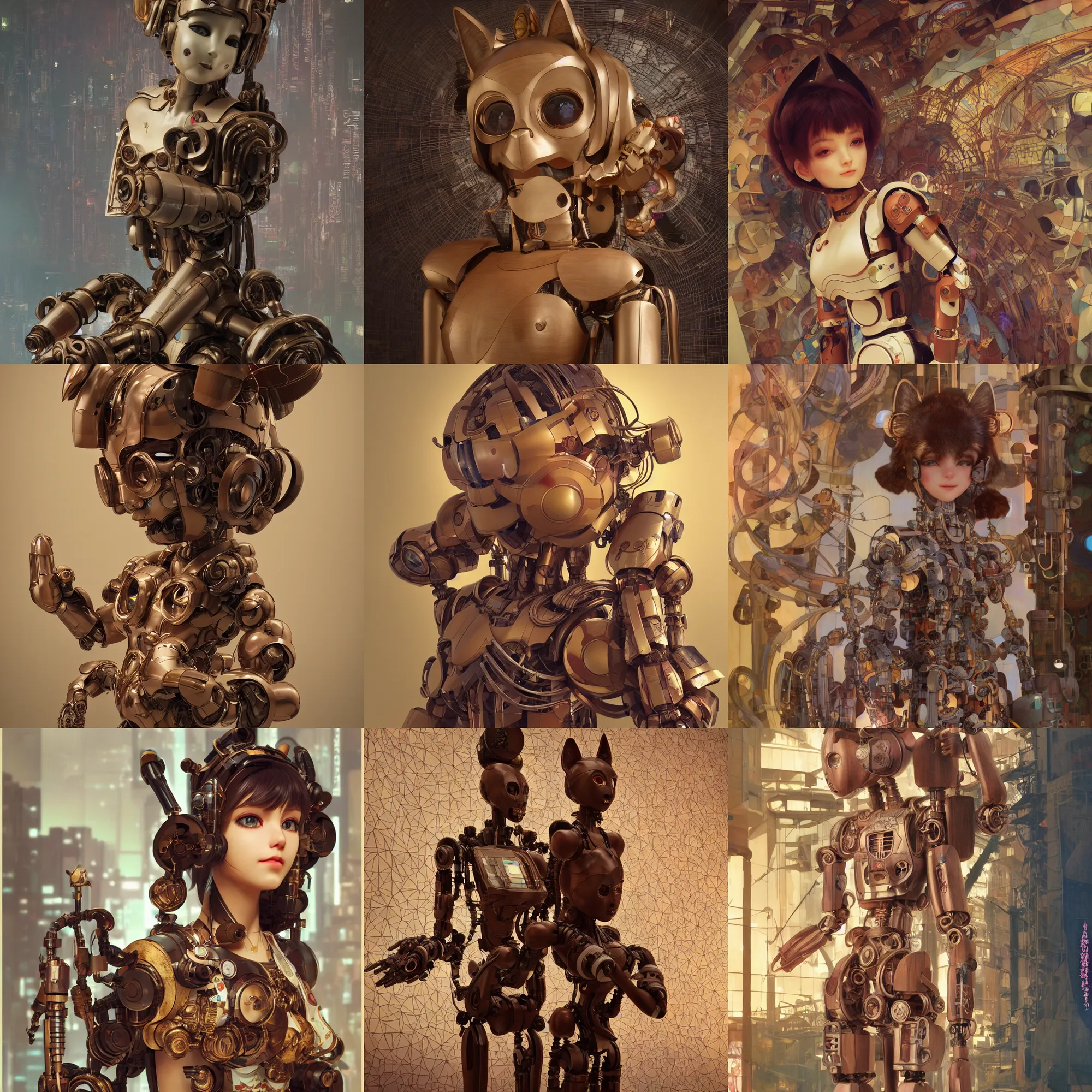 Prompt: 3 d octane render, ultra photorealistic, 8 k hyper detailed, a very very cute wooden statue robot of the anthropology, cat ears, cyberpunk, cgsociety, in a contemporary art gallery, in neo tokyo, artwork by alphonse mucha