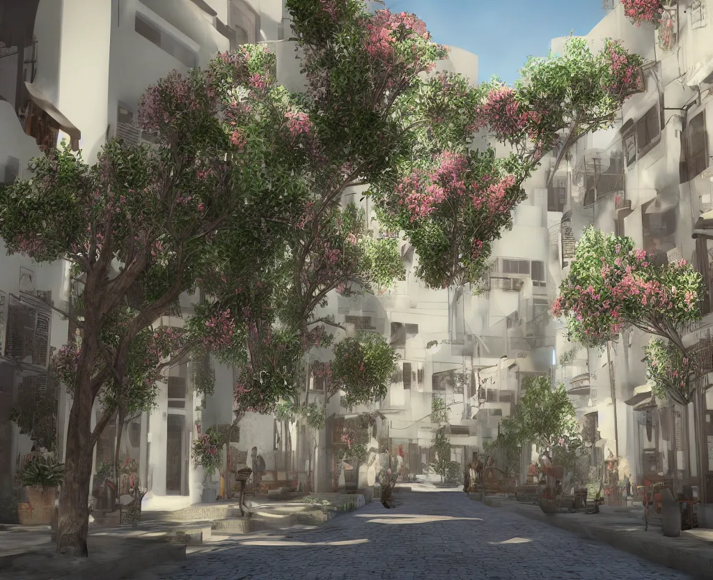Image similar to a very beautiful scene, ambient occlusion render. small street in tel aviv, busy, shops, bauhaus, sunlight, bougainvillea, hyperrealistic, 4 k. lovely scene. concept art. unreal engine.