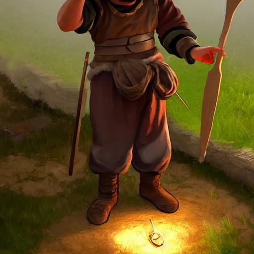 Image similar to medieval peasant boy talking to blacksmith, artstation, fantasy