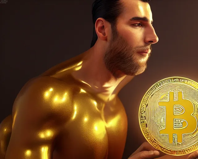 Image similar to attractive oiled up glossy man posing in front of a huge golden bitcoin, angelic light, commercial by annie liebovitz, gaston bussiere, craig mullins, j. c. leyendecker, photorealistic, trending artstation, 8 k, smooth