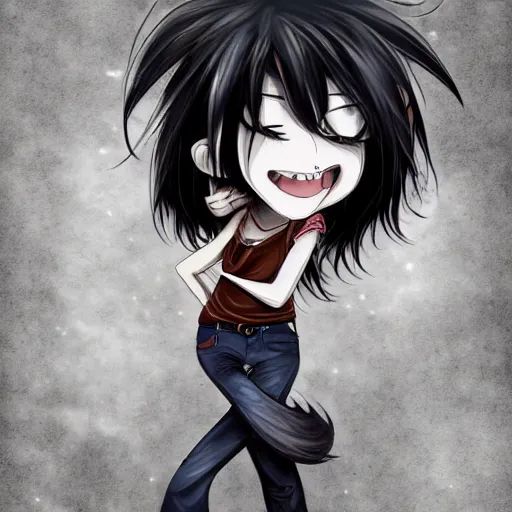 Prompt: anime wolfgirl with shaggy black hair, orange eyes and dark gray skin wearing a t-shirt and jeans, digital art, DeviantArt, art station, illustration, highly detailed, artwork