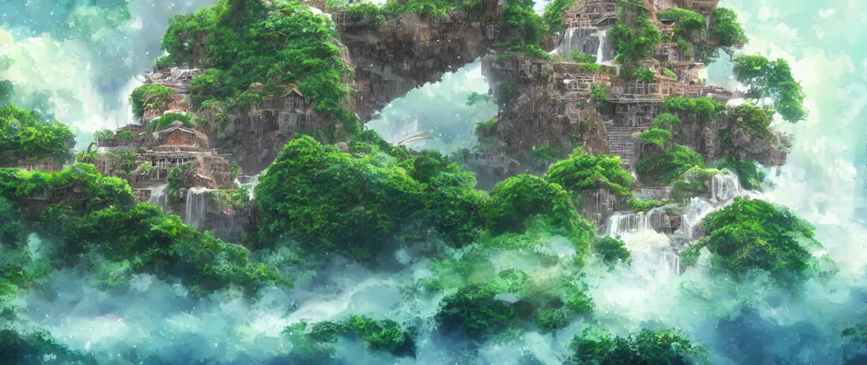 Image similar to a small crumbling island with waterfalls flowing off the island, floating in space, studio ghibli, digital art, detailed, depth of field