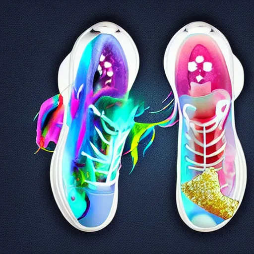 Prompt: Unicorn sneakers designed by Tinker Hatfield, digital art